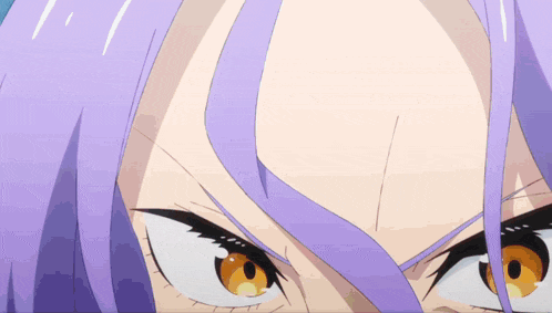 a close up of a girl 's face with purple hair and orange eyes