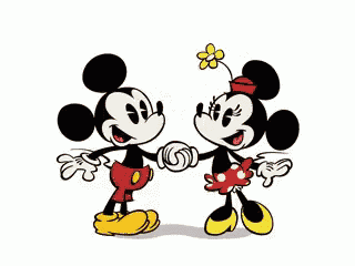 mickey mouse and minnie mouse are kissing while holding hands and a heart is in the background .