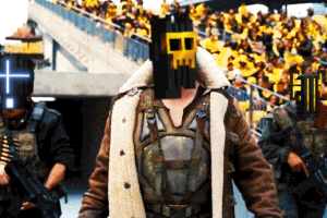 a man wearing a skull mask is standing in front of a crowd