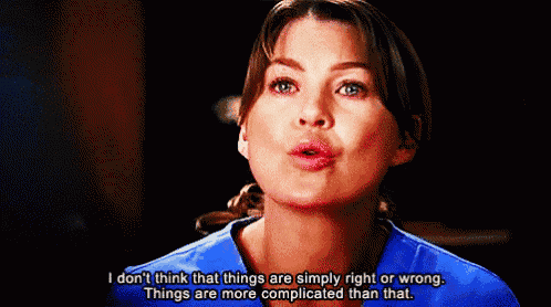 a woman in a blue scrub says i don 't think that things are simply right or wrong