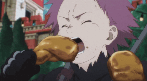 a cartoon character with pink hair is eating a piece of food