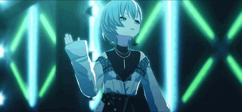 a girl in a black and white outfit is standing in front of neon lights