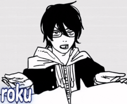 a black and white drawing of a boy with glasses and the word roku on the bottom .