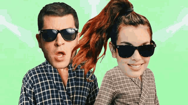 a man and a woman wearing sunglasses with their faces on a green background