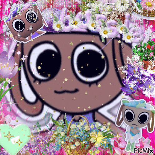 a picture of a cartoon character surrounded by flowers with the words picmix on the bottom right