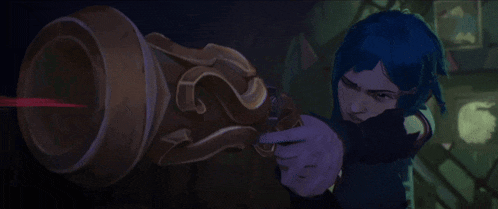 a woman with blue hair is holding a cannon in her hands .