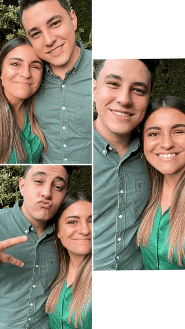 a man and a woman are posing for a picture and the woman is wearing a green shirt