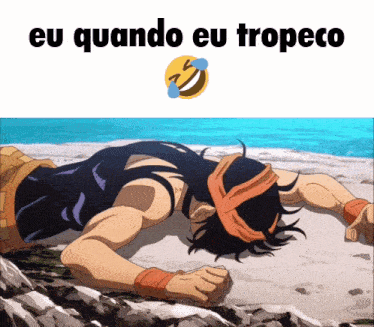 a cartoon of a man laying on the beach with the words eu quando eu tropeco below him