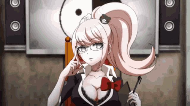 a girl with glasses and a teddy bear headband holds a pen