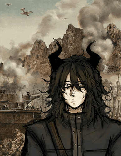 a drawing of a man with horns in front of mountains