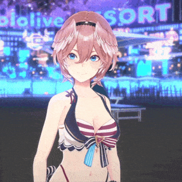 a girl in a bikini stands in front of a hololive sort sign