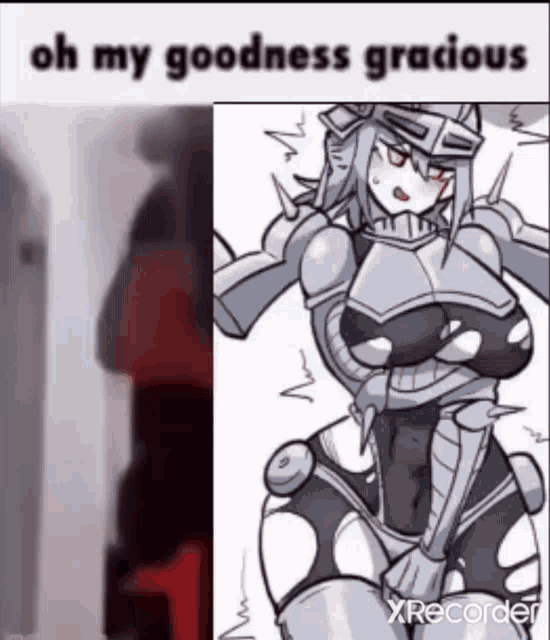 a cartoon of a woman in armor next to a picture of a woman in armor .