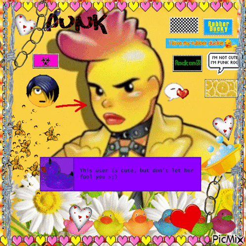 a cartoon character with a purple box that says ' this user is cute but don 't let her fool you > '