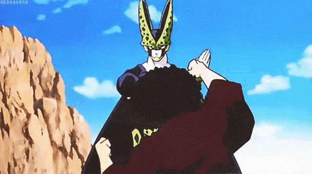 a cell from dragon ball z is standing next to a person