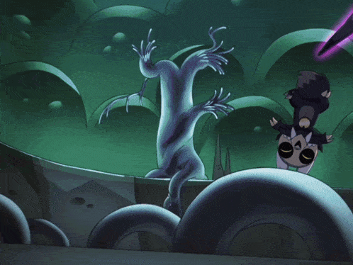 a cartoon character with purple hair and headphones is standing in a dark room