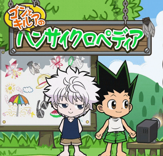 two cartoon characters standing in front of a sign that says ' hunter x hunter ' on it