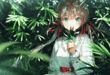 a girl with green eyes is holding a leaf