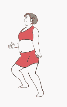 a cartoon drawing of a woman in a red dress carrying a child on her back