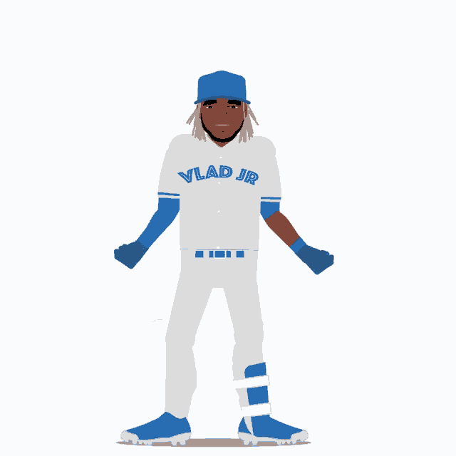a baseball player wearing a vlad jr jersey stands with his arms in the air
