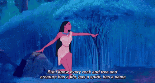 pocahontas from disney 's princess and the frog is dancing in the woods with a quote .