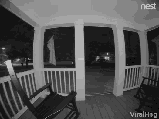 a black and white photo of a porch with nest written on the top
