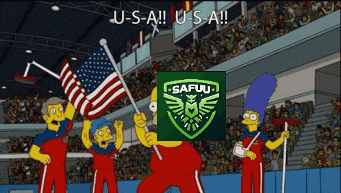 a group of cartoon characters holding flags and a safuu logo in front of a crowd