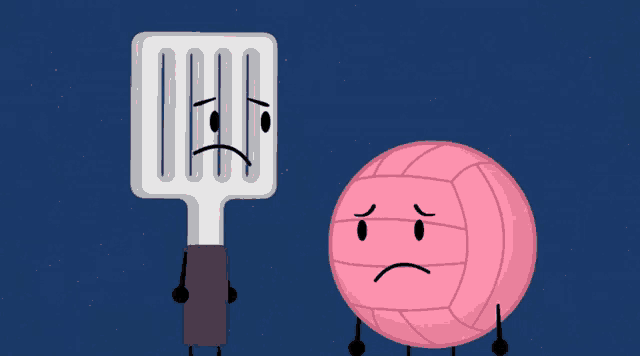 a spatula and a pink volleyball with faces on them