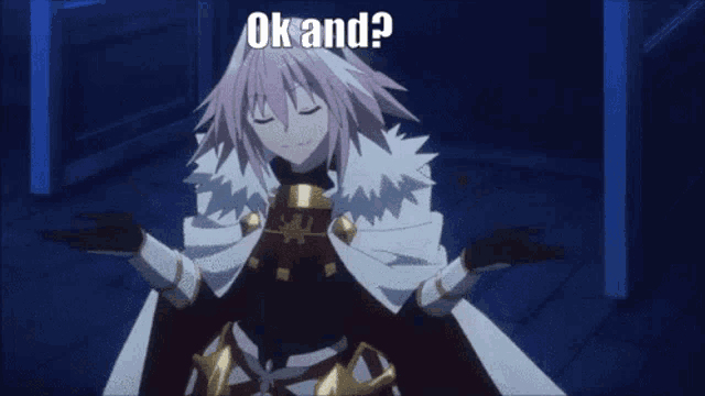 a girl with pink hair is standing in a dark room with her arms outstretched and the words `` ok and ? '' above her .