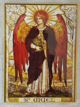 a painting of a man with red wings and the word orion on it