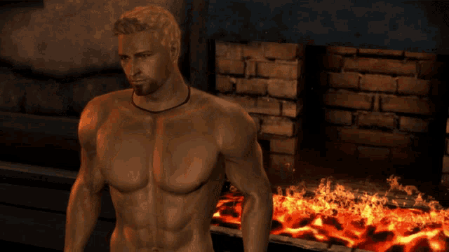 a shirtless man stands in front of a fireplace with flames coming out of it