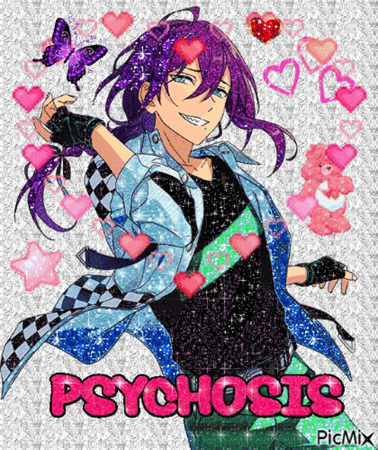 a boy with purple hair is surrounded by hearts and butterflies and the word psychosis is on the bottom .