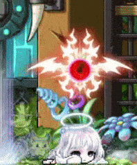 a video game character with a flower in her head