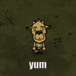 a cartoon character with horns and a mustache is standing on a grassy field with the word yum below him