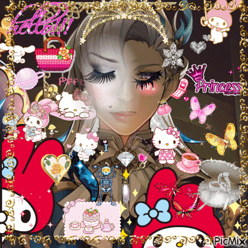 a picture of a girl with hello kitty and my melody