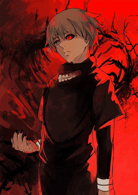 a drawing of a man with red eyes and a black shirt