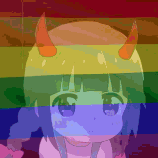 a girl with horns on her head is standing in front of a rainbow background
