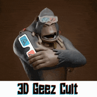 a gorilla wearing a pair of 3d glasses with the words 3d geez cult below it
