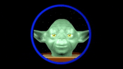 the head of yoda is in a blue circle on a black background