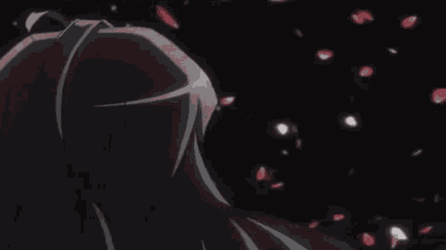 a black and white drawing of a person 's face with petals falling in the background