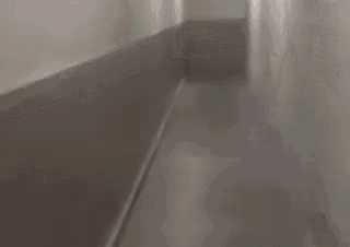 a very long hallway with a red exit sign on the door