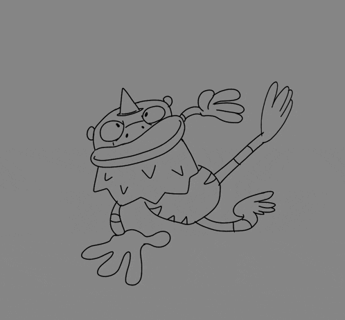 a black and white drawing of a frog with a horn on his head