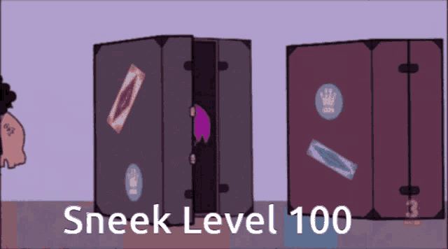 a cartoon of a man standing next to a purple suitcase that says sneek level 100