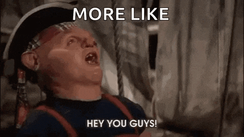 a man in a pirate hat is saying `` more like hey you guys ! ''