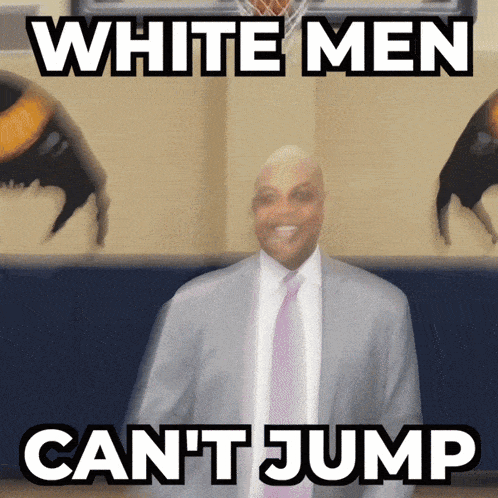 a man in a suit and tie stands in front of a basketball hoop with the words white men can 't jump above him