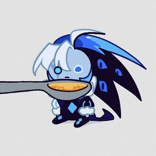 a cartoon character with blue eyes is holding a spoon in its mouth