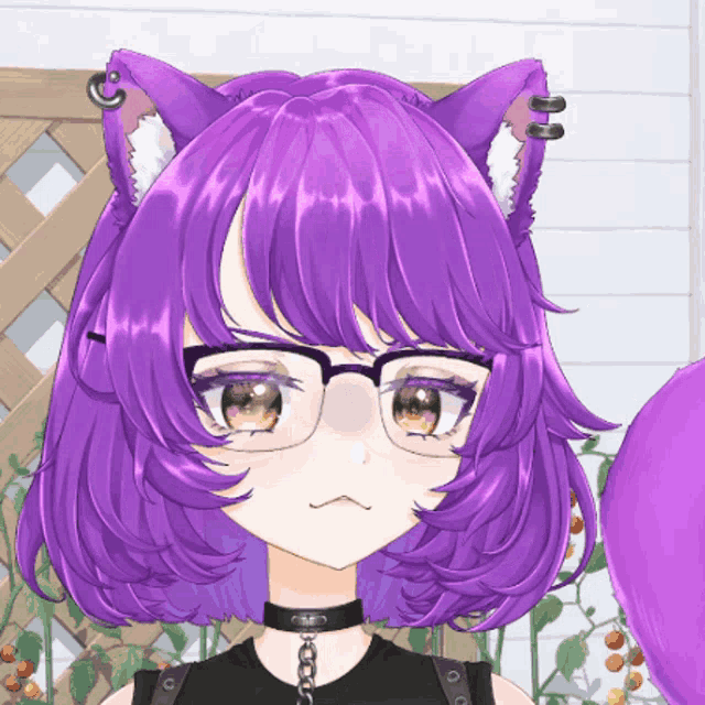 a girl with purple hair and cat ears wears glasses and a choker