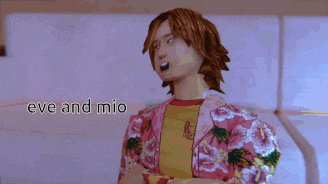 a woman in a pink floral jacket is sitting on a couch with the words eve and mio below her