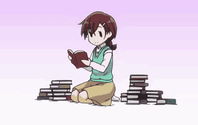a girl is kneeling down reading a book in front of a stack of books