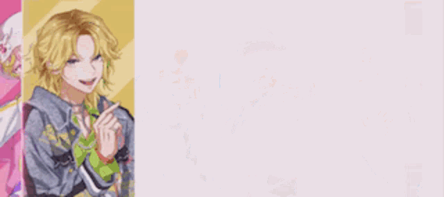 a group of anime characters are standing next to each other on a colorful background