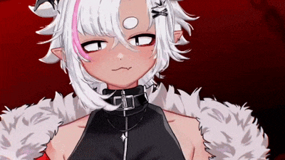 a close up of a cartoon character with white hair and a furry coat .